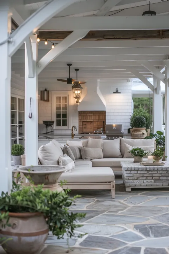 Covered patio with outdoor kitchen and seating