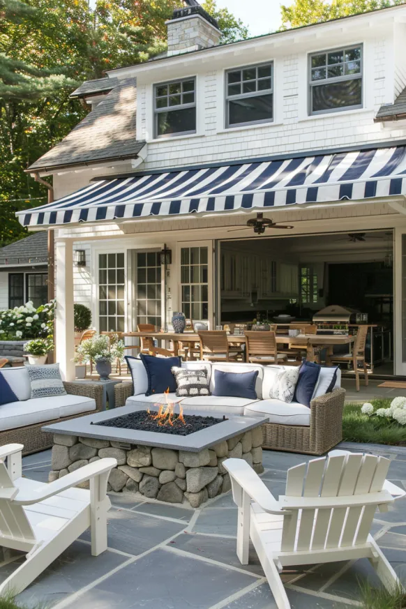Patio with striped awning and fire pit