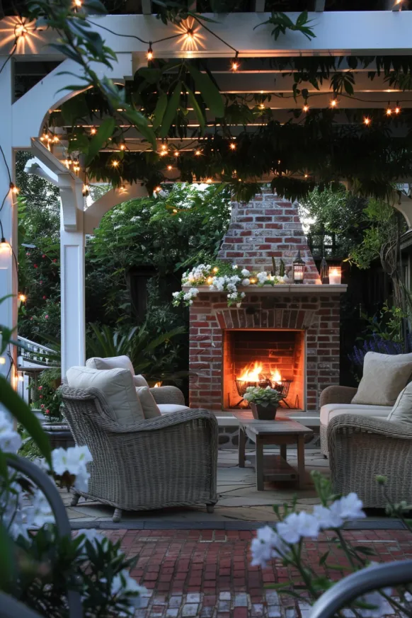 Brick fireplace patio with string lights