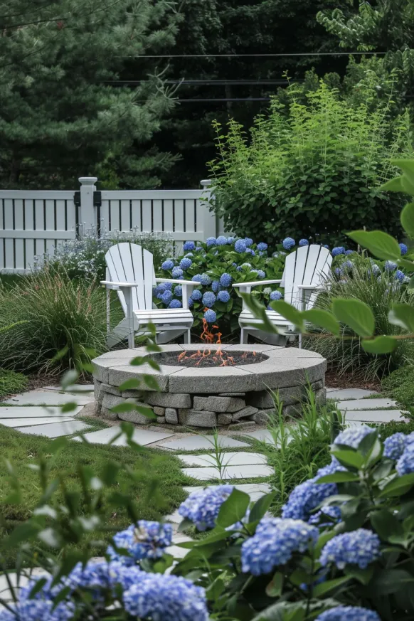 Garden fire pit with Adirondack chairs
