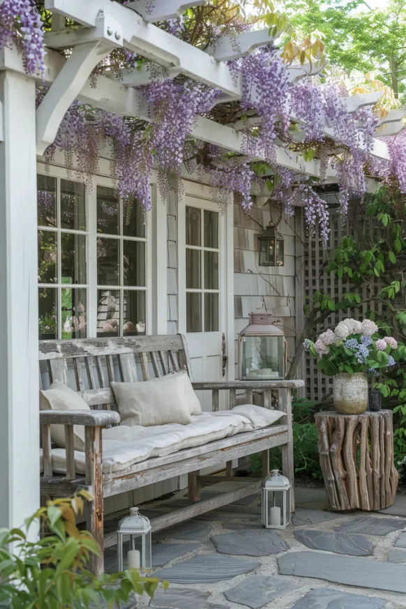 Cottage patio with wisteria