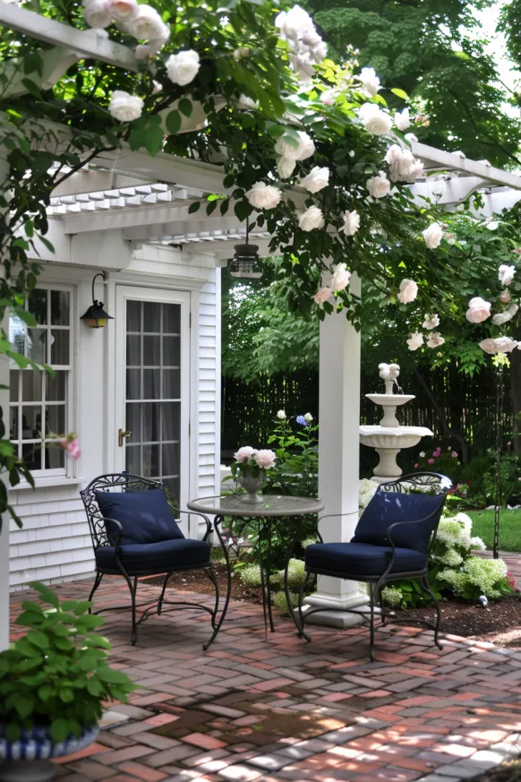 Garden patio with pergola and fountain