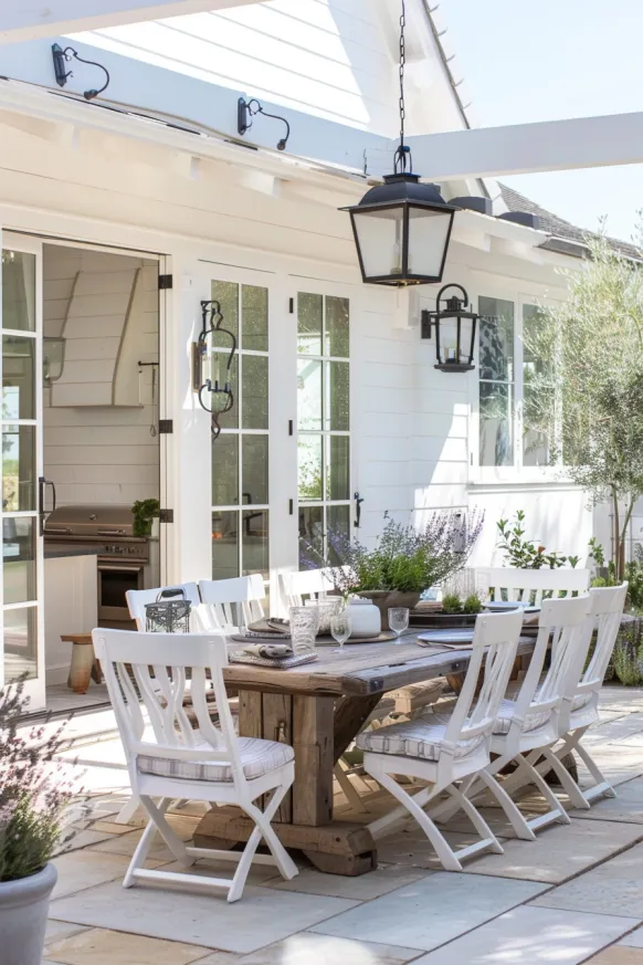 Outdoor dining with farmhouse table
