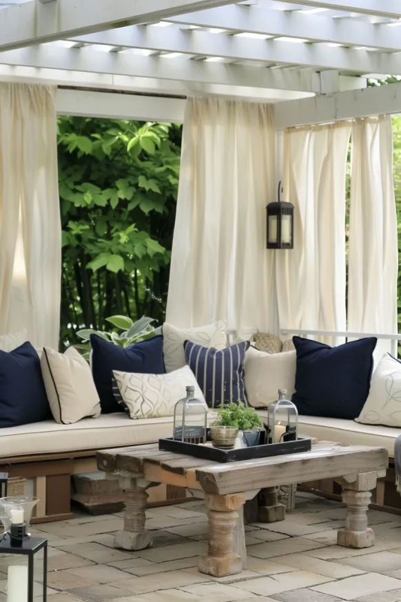 Pergola lounge with cushions and curtains