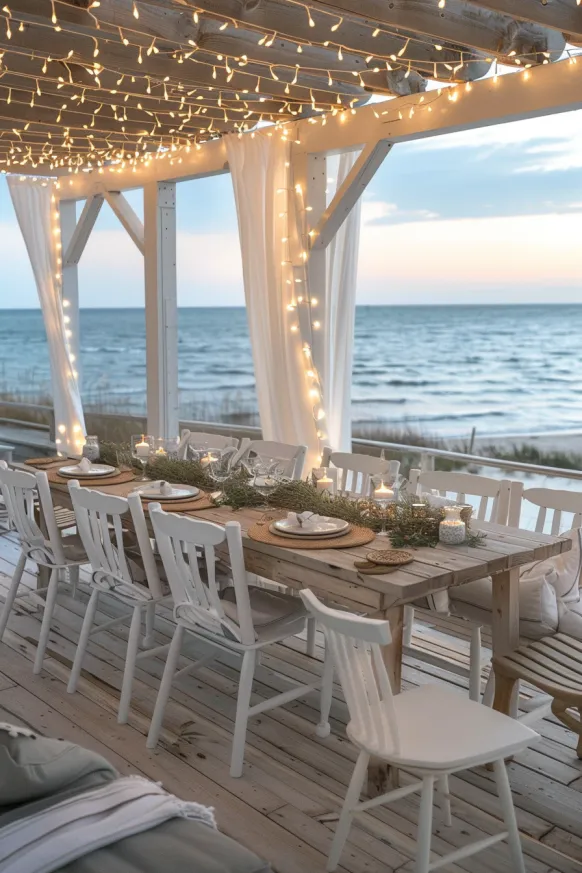 Beachfront dining with string lights