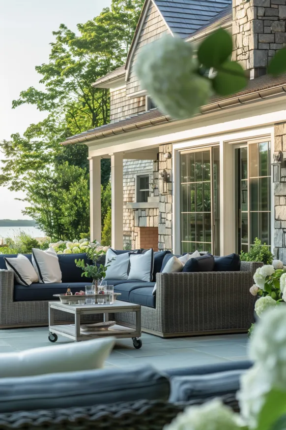 Stone patio with navy sectional