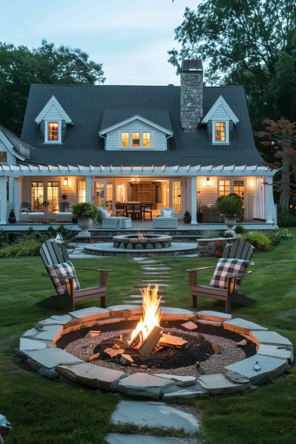 Backyard with fire pit and Adirondack chairs