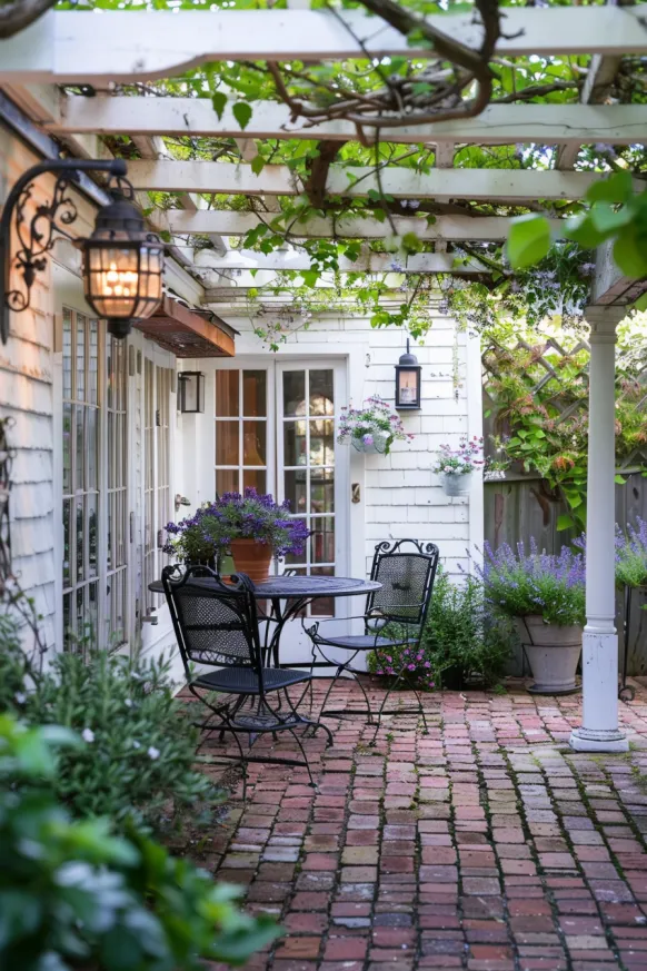 Brick patio with pergola and bistro set