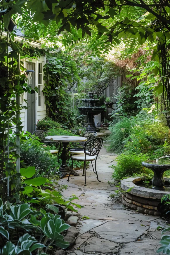Garden patio with fountain and wrought iron furniture