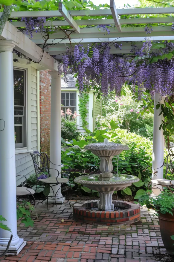 Garden patio with wisteria and stone fountain