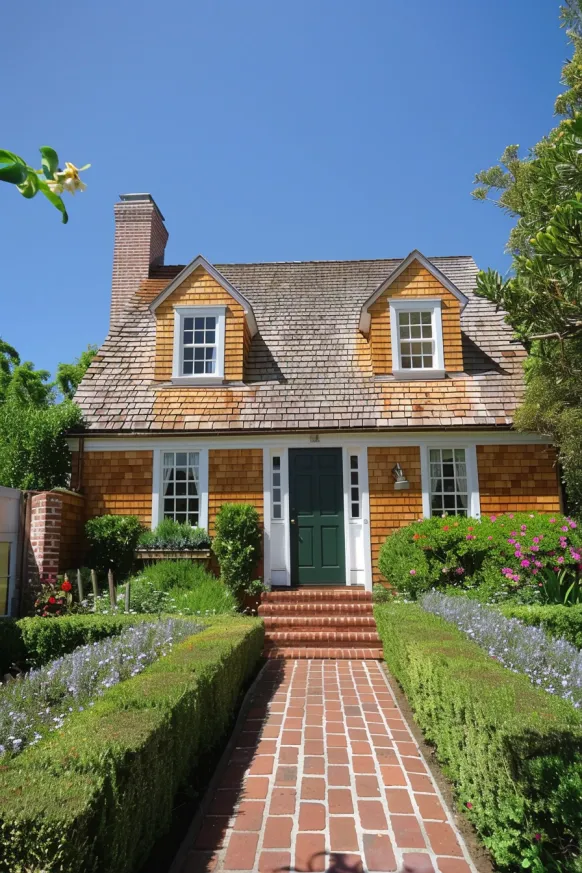 Cape Cod house with golden cedar shingles and green door