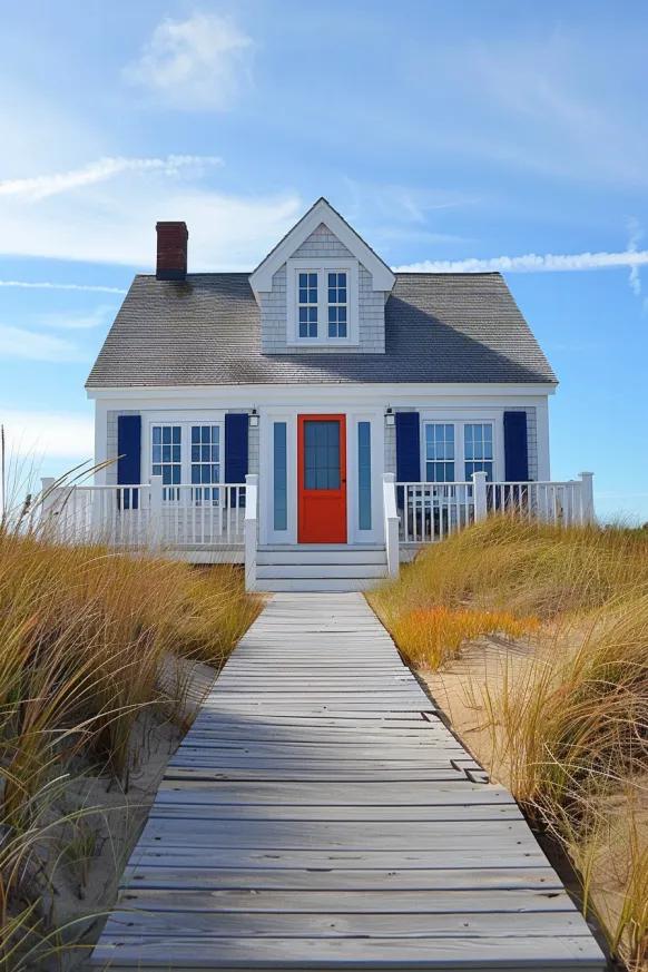 Cape Cod beach house with white siding and orange door