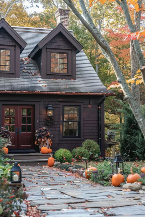 Cape Cod cottage with brown siding and autumn decor