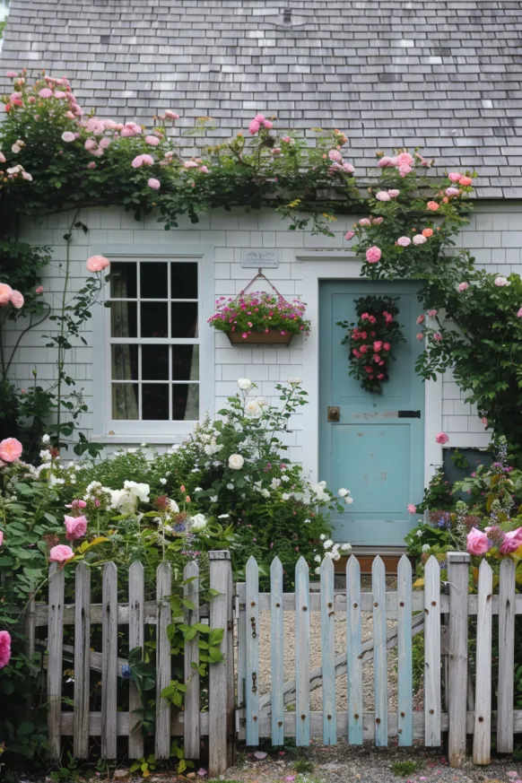 Cape Cod cottage with climbing roses and blue door