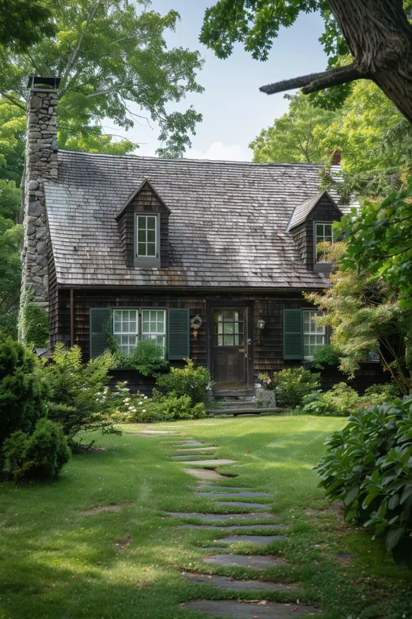 Cape Cod home with cedar shingles and stone chimney