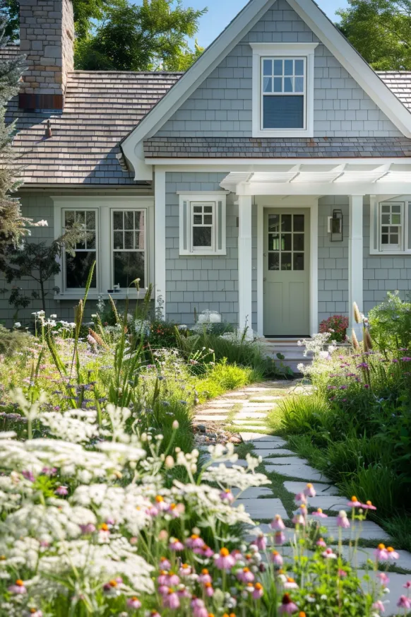 Cape Cod cottage with gray shingles and wildflower garden