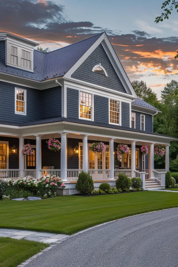 Cape Cod home with navy shingles and wraparound porch