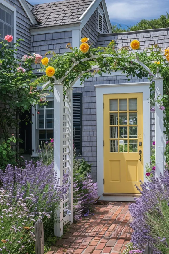 Cape Cod cottage with yellow door and garden path