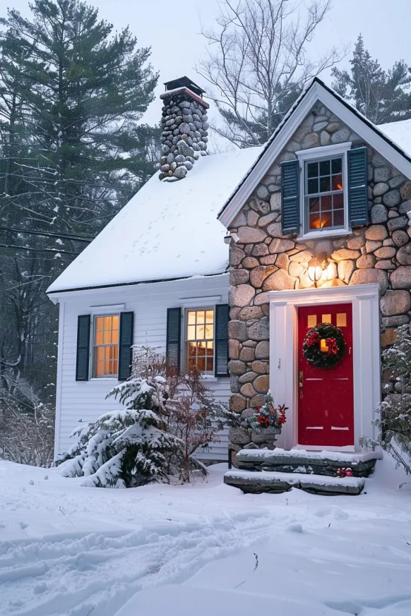 Cape Cod home with stone chimney and red door