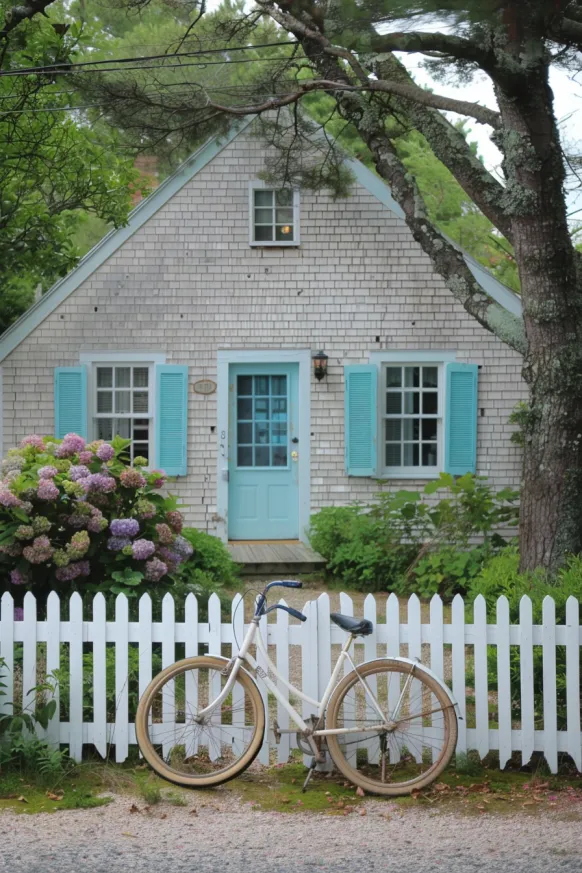 Cape Cod cottage with turquoise shutters and hydrangeas