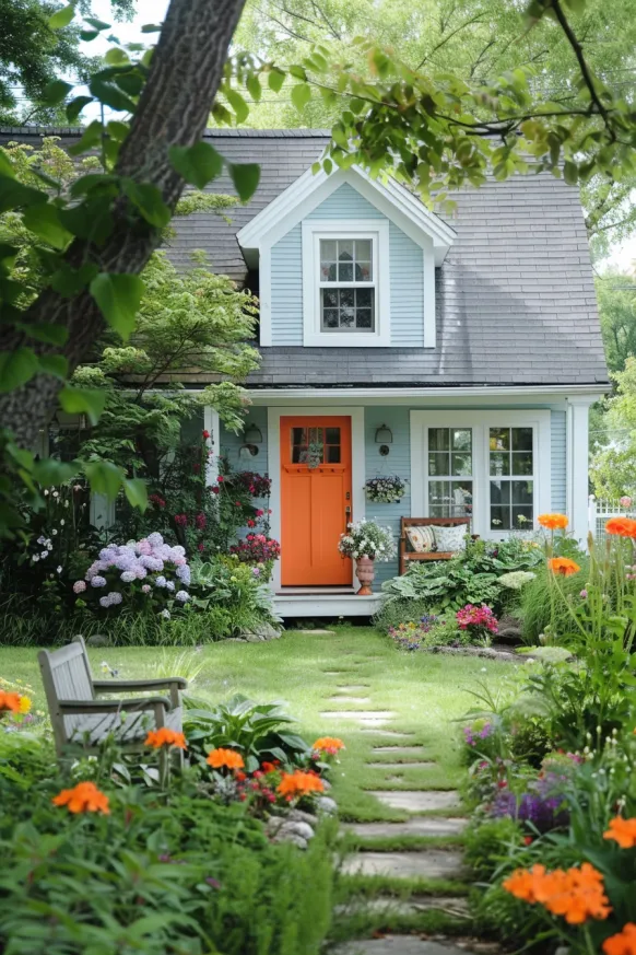 Cape Cod home with pastel blue siding and orange door