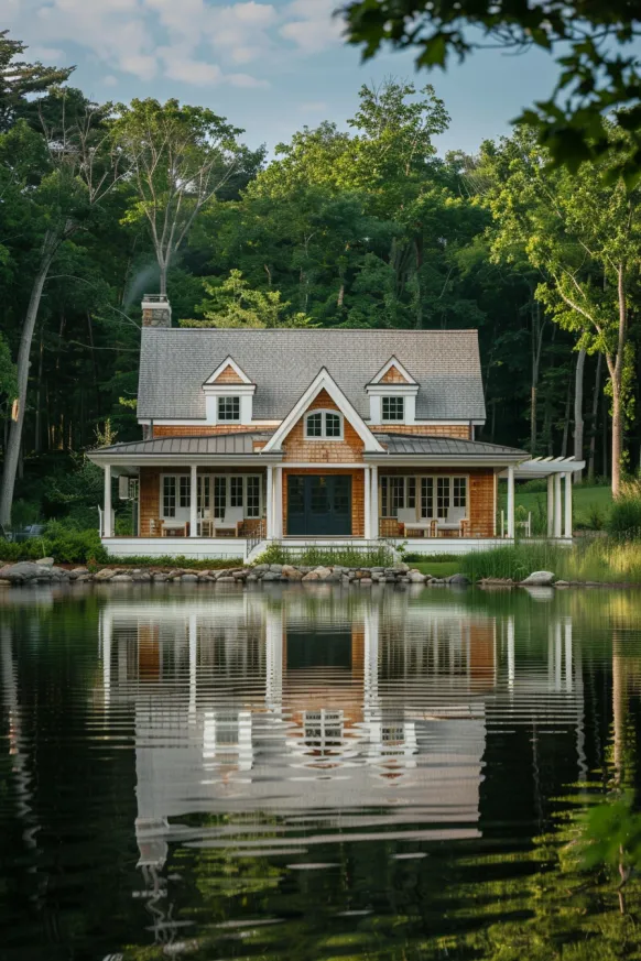 Cape Cod home by a lake with wraparound porch