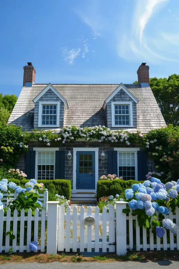 Cape Cod home with blue shutters and hydrangea garden