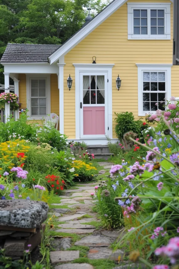 Yellow Cape Cod cottage with pink door and wildflower garden