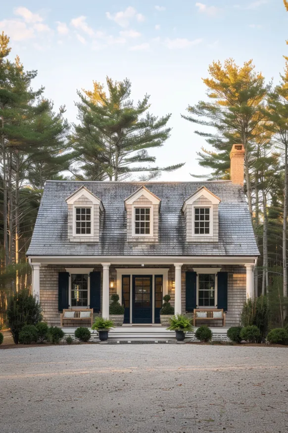 Cape Cod home with gray shingles and green shutters in woodland