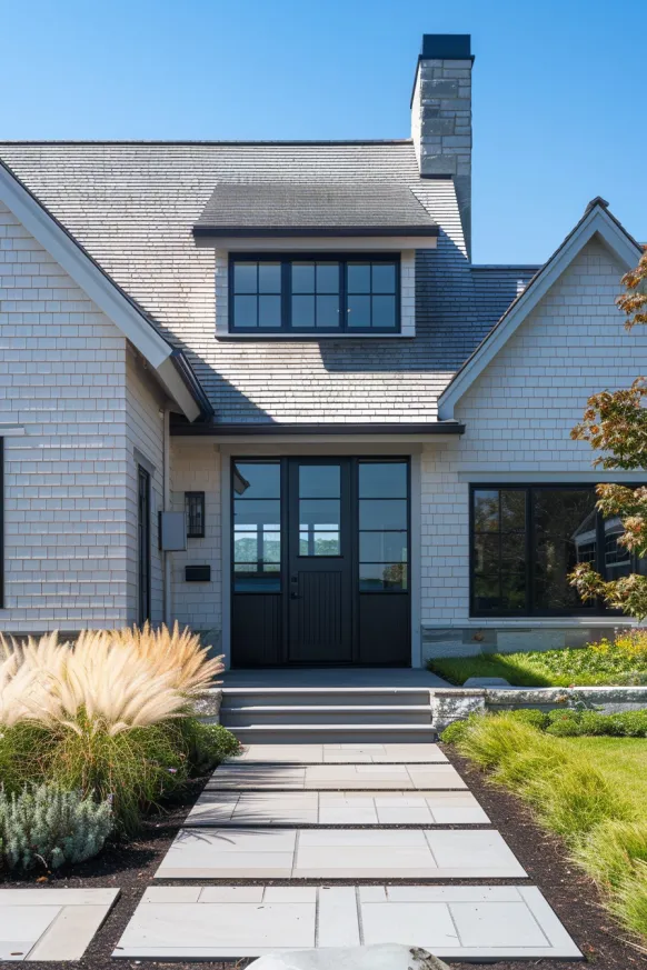 Modern Cape Cod home with white shingles and black trim