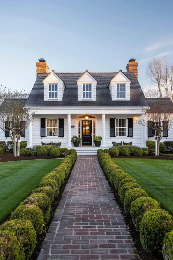 Cape Cod home with brick walkway and manicured landscaping