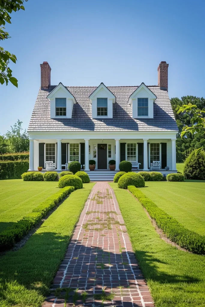 Cape Cod home with brick pathway and manicured lawn