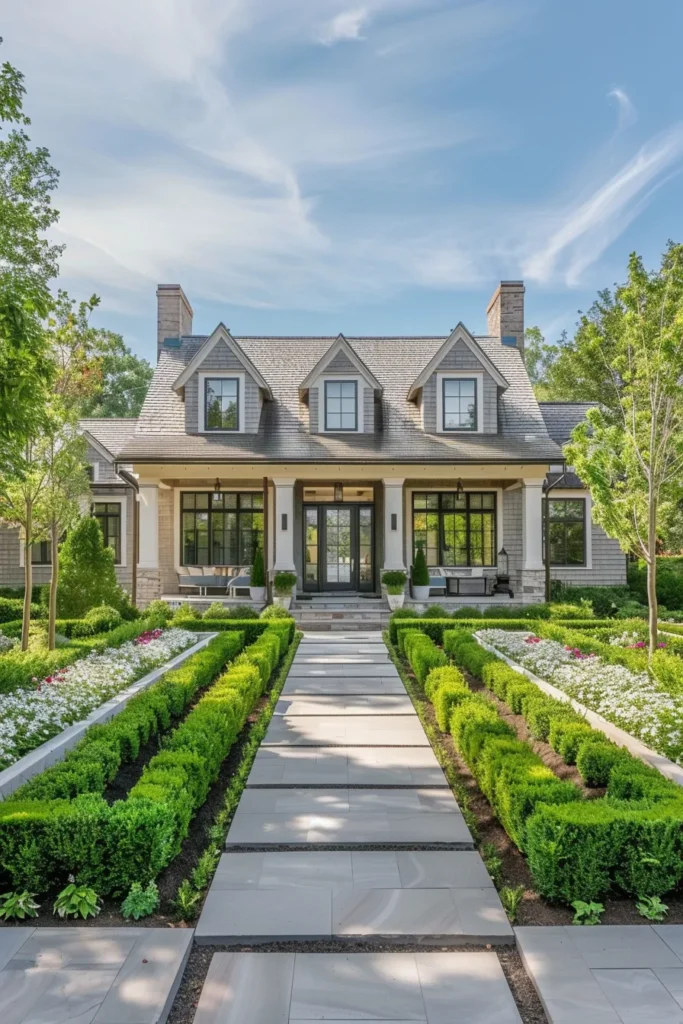 Modern Cape Cod home with stone walkway