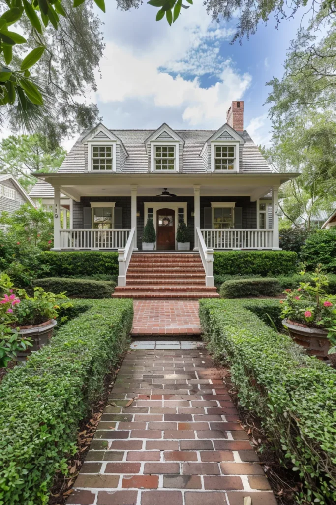 Cape Cod home with brick pathway and greenery