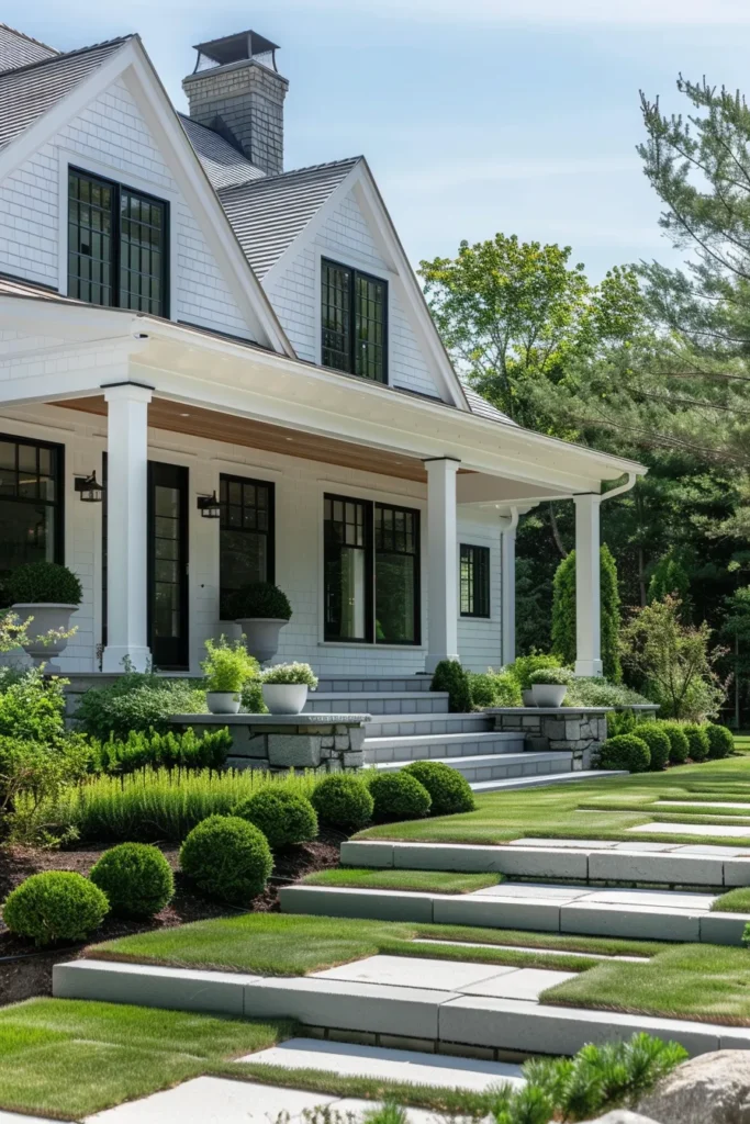 Modern Cape Cod landscaping with tiered steps