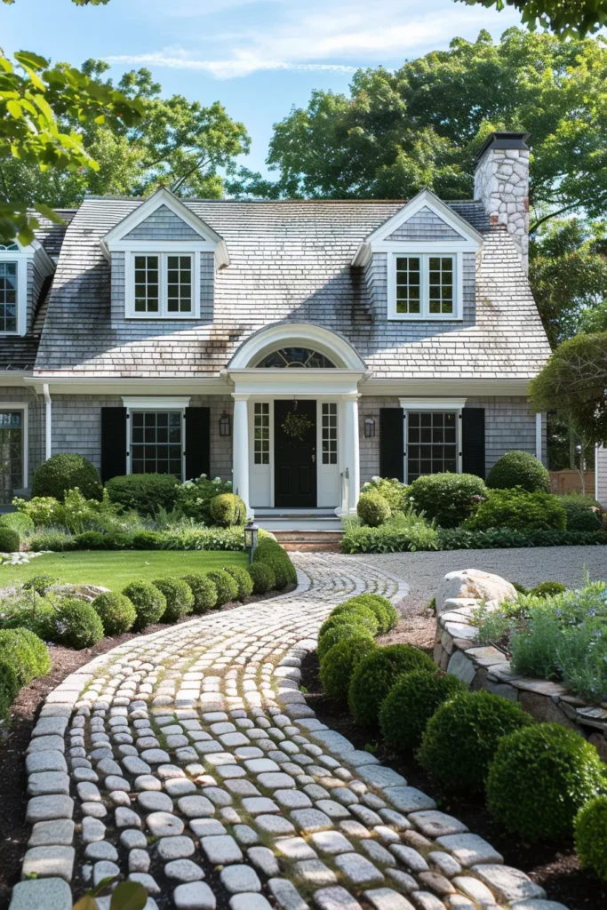 Cape Cod home with cobblestone walkway