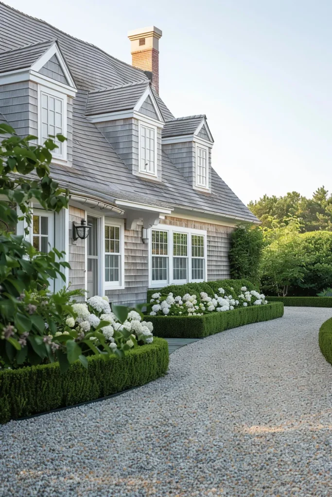Cape Cod home with gravel driveway and hydrangeas