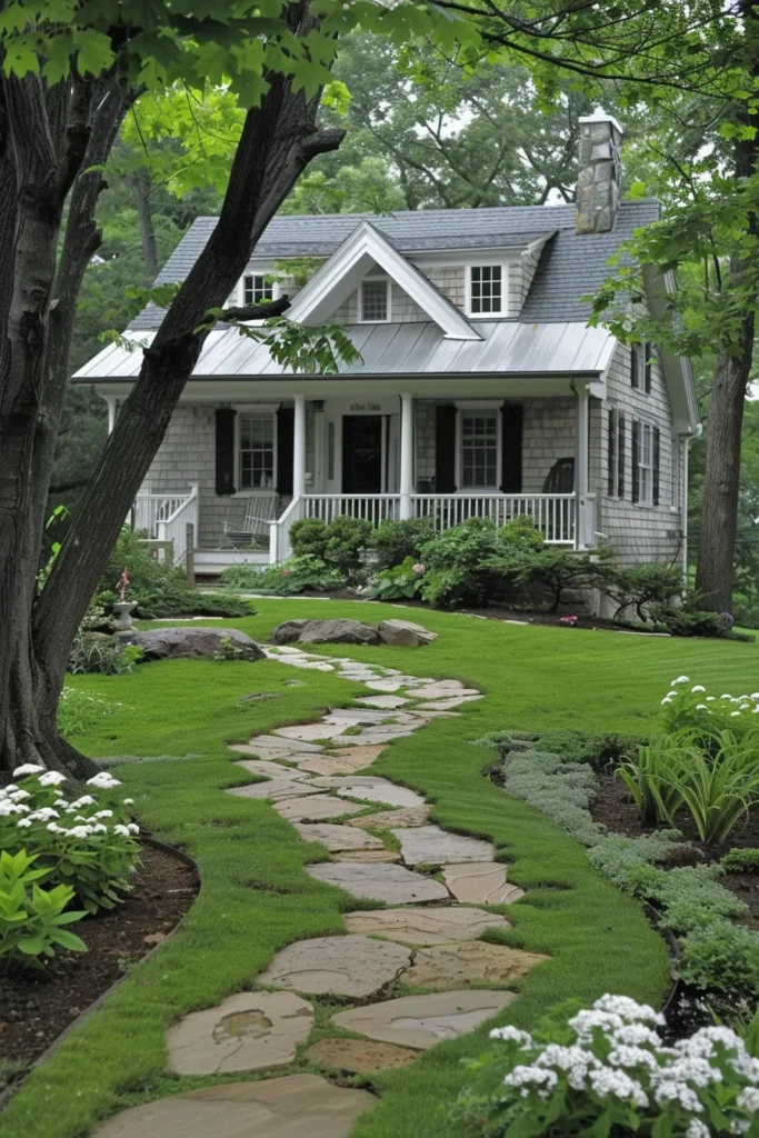 Cape Cod cottage with natural stone pathway
