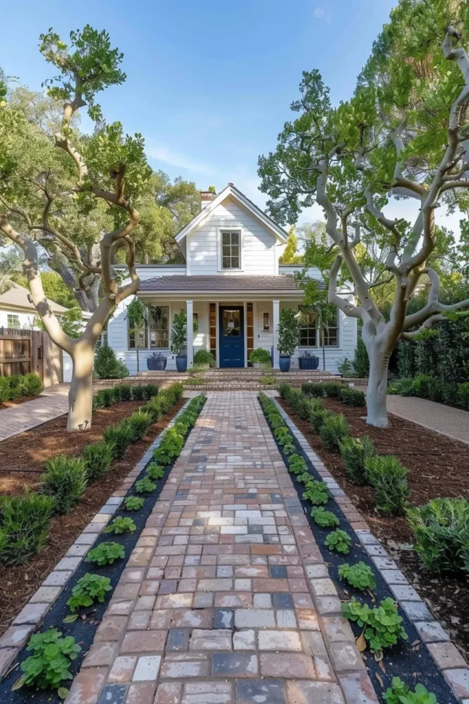 White Cape Cod home with brick pathway