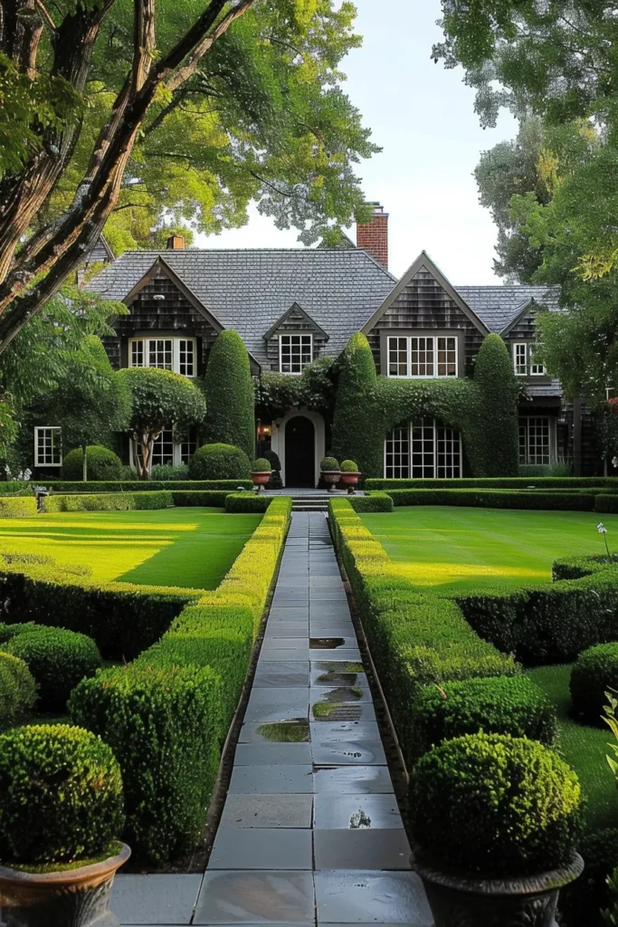 Elegant Cape Cod estate with manicured garden path