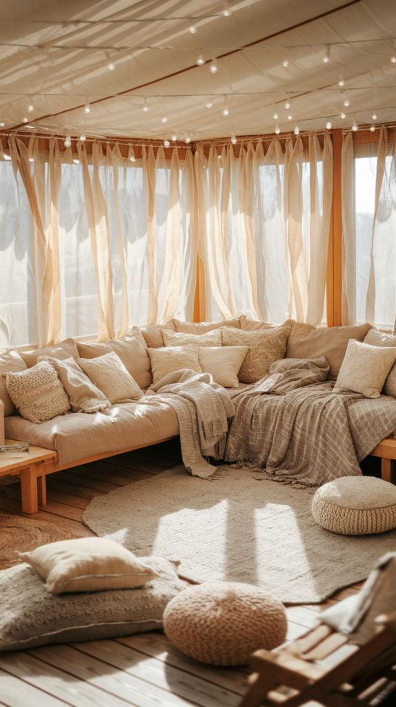 Cozy Sunroom with Plush Seating and Warm Lighting