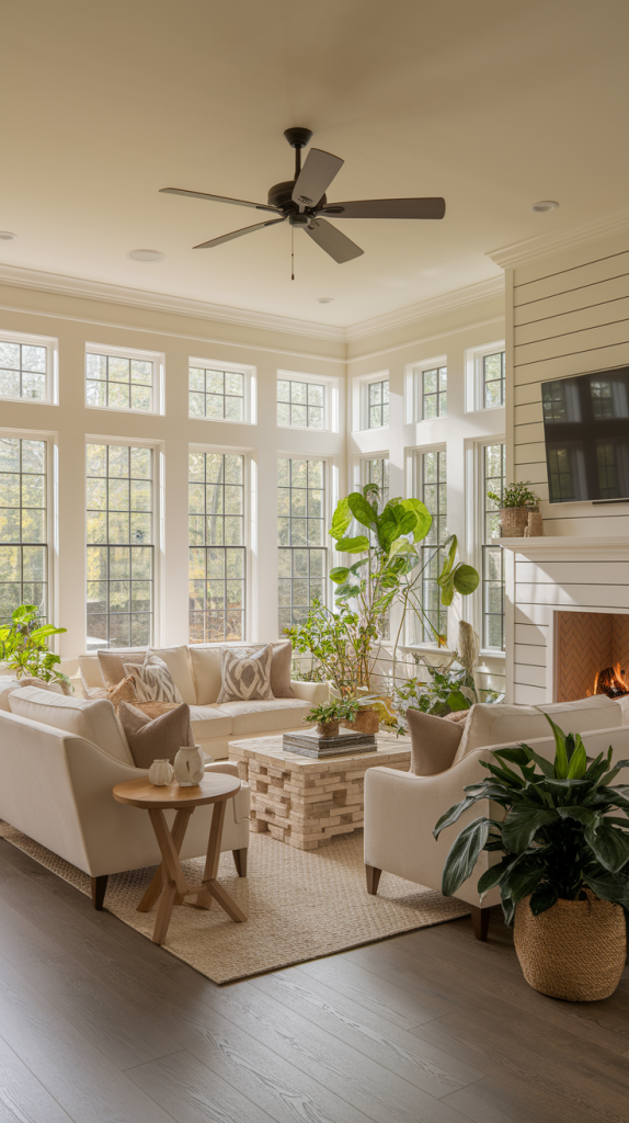Four-Season Sunroom with Insulated Windows and Cozy Furnishings