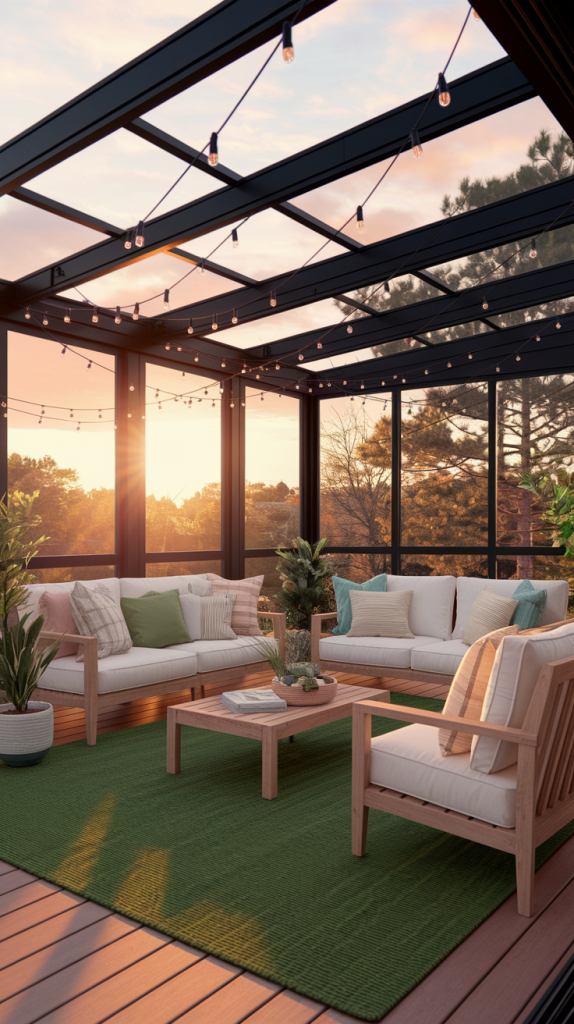 Outdoor Sunroom with Weatherproof Furniture and Ambient Lighting