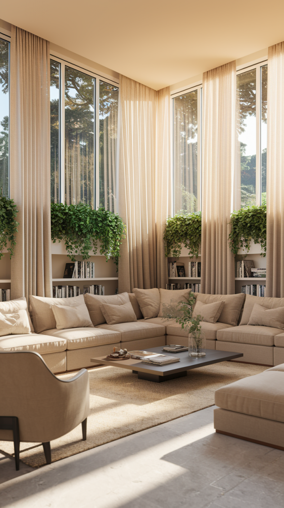 Large Sunroom with Sectional Sofa and Built-in Shelving