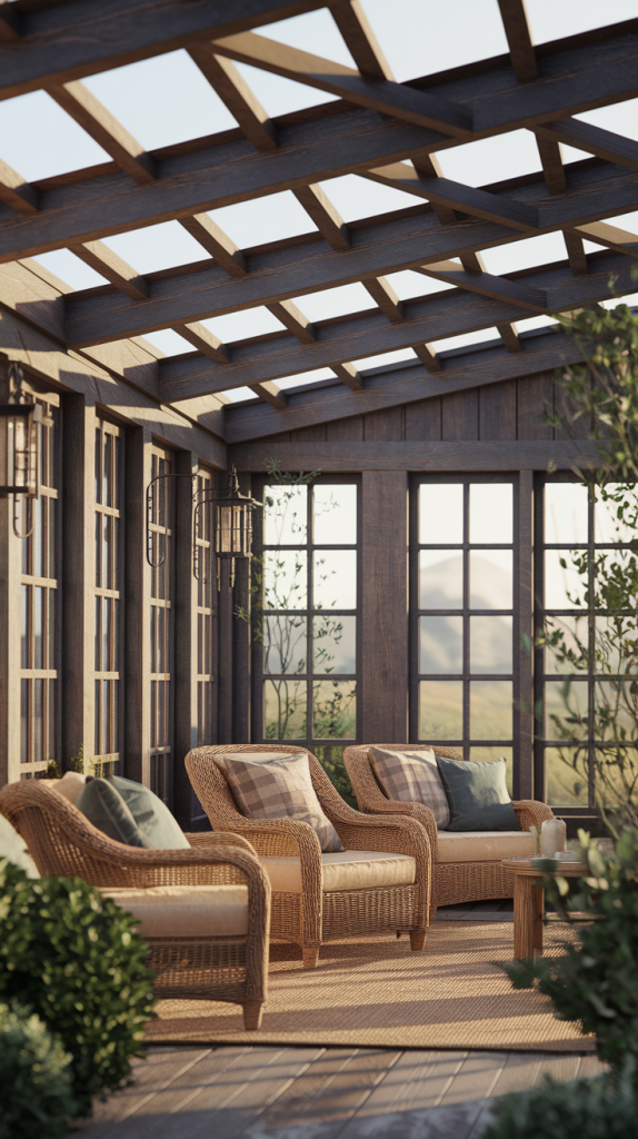 Rustic Sunroom with Wooden Beams and Rattan Furniture