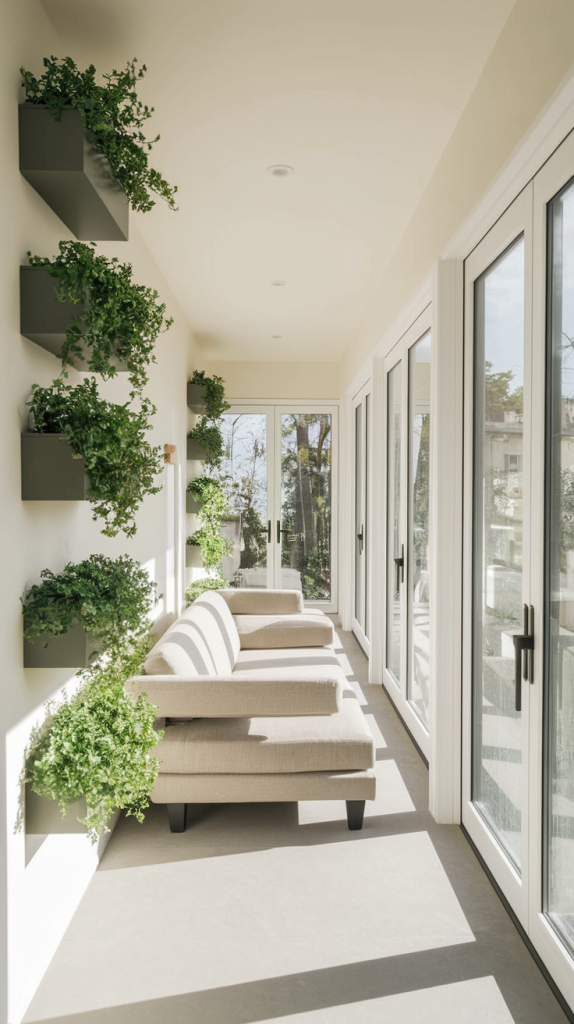 Narrow Sunroom with Vertical Shelving and Light Colors
