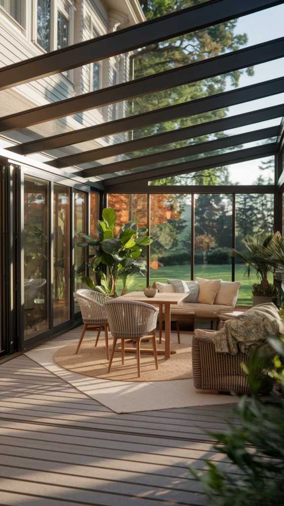 Patio Enclosure with Wooden Dining Set and Soft Lighting