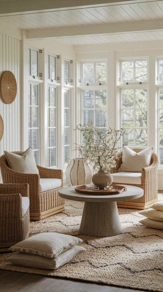 Modern Sunroom with Layered Textures and Artistic Decor