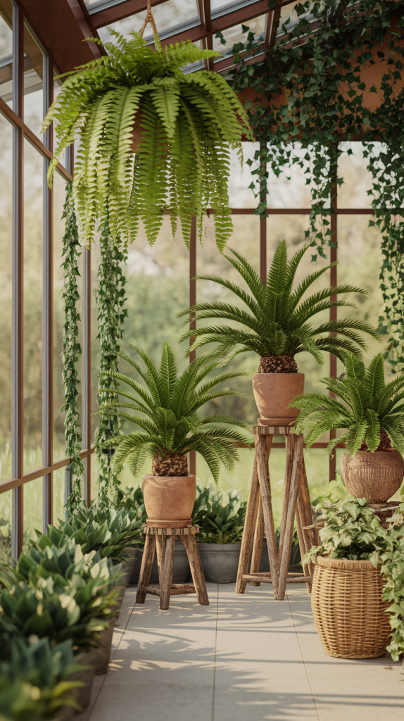 Sunroom with Various Indoor Plants and Wooden Stands