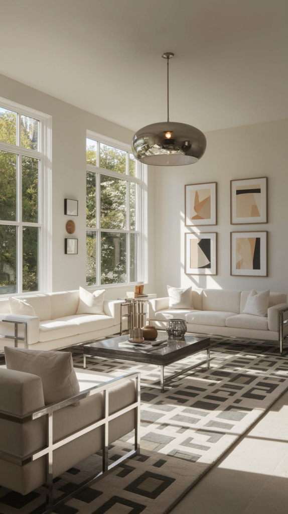 Modern Sunroom with Sleek Furniture and Geometric Rugs